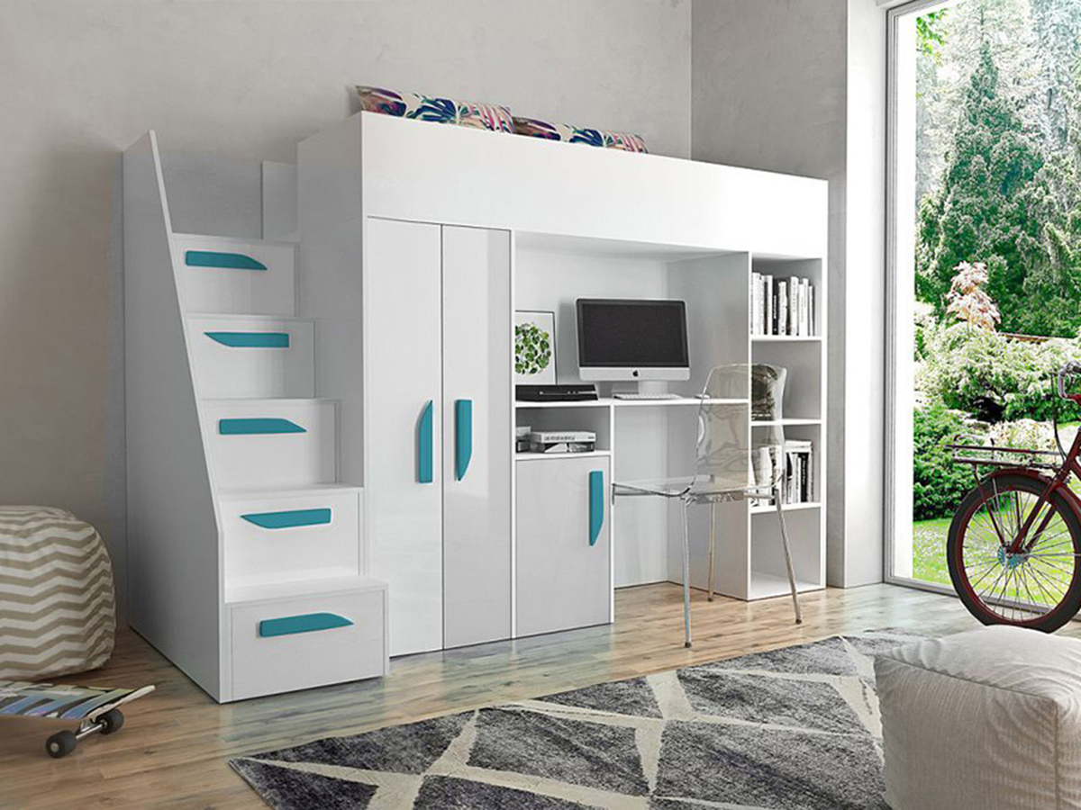 Izdignuti krevet Hartford 192 (Belo + Sjajno belo + Visoki sjaj Tirkizna)