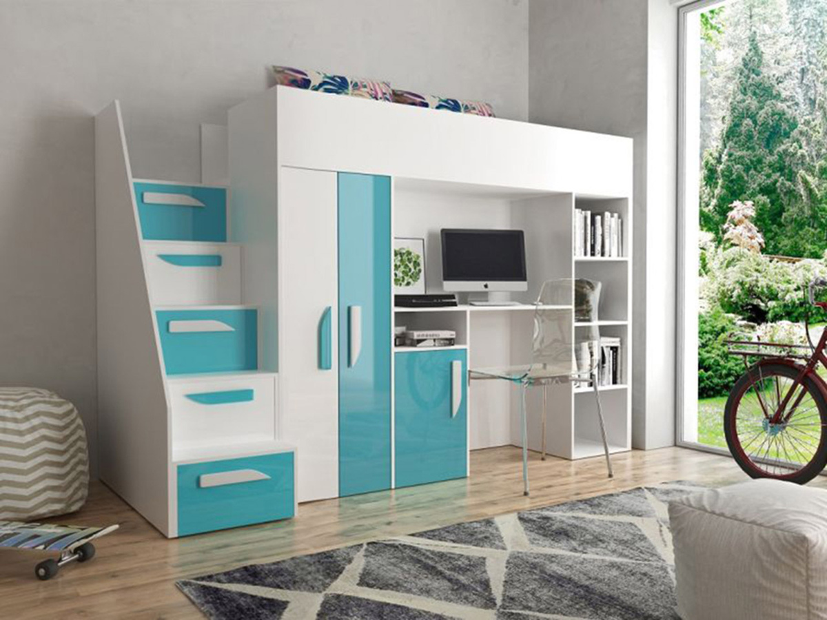 Izdignuti krevet Hartford 192 (Belo + Visoki sjaj Tirkizna + Sjajno belo)