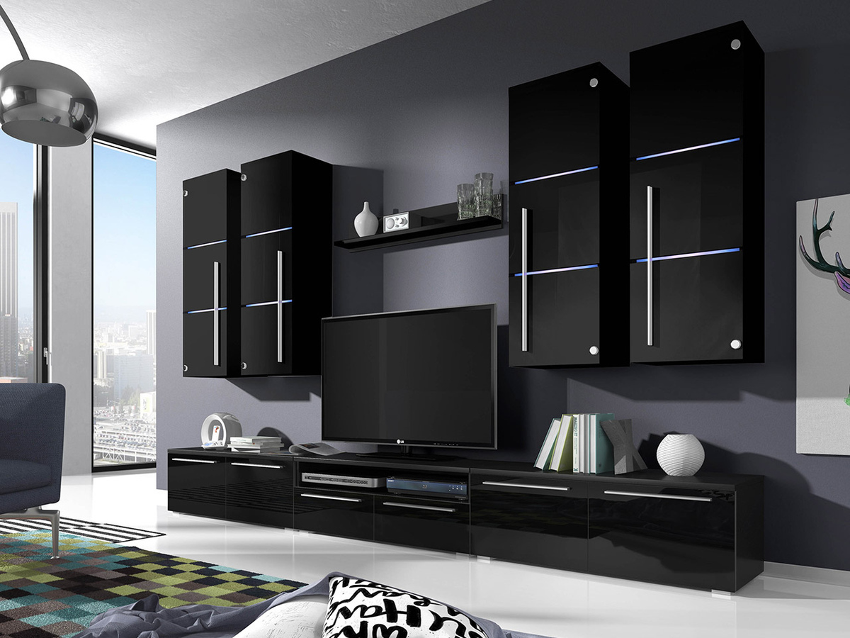 Set za dnevnu sobu Nashville 102 (Crno + Crna visoki sjaj)