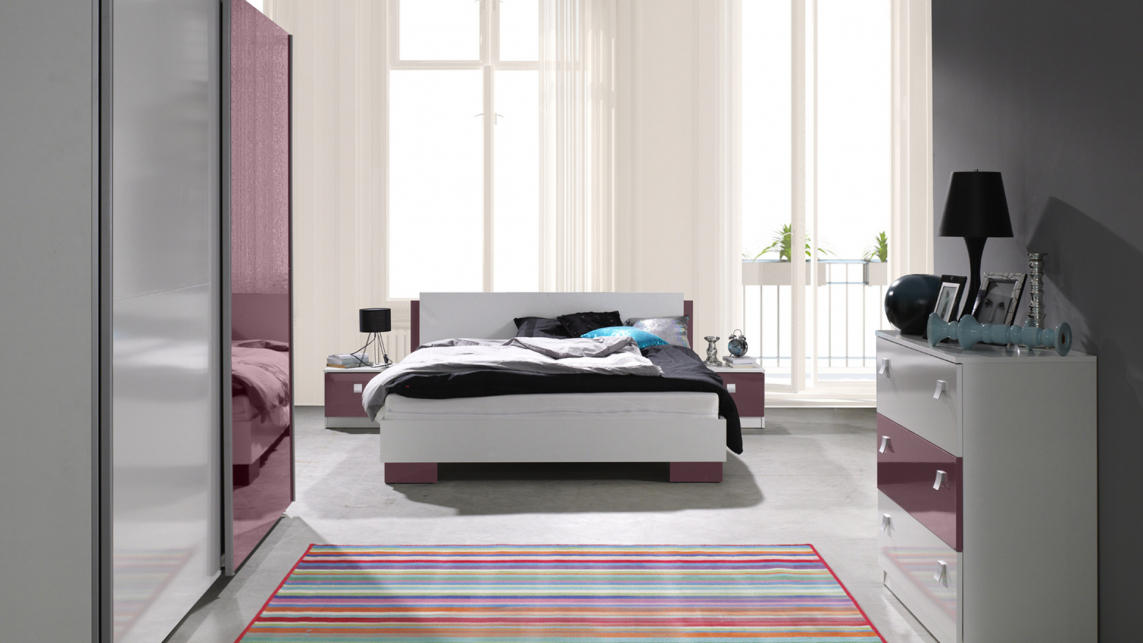 Noćni ormarić Murrieta 111 (Sjajno belo + Visoki sjaj Ljubičasta)