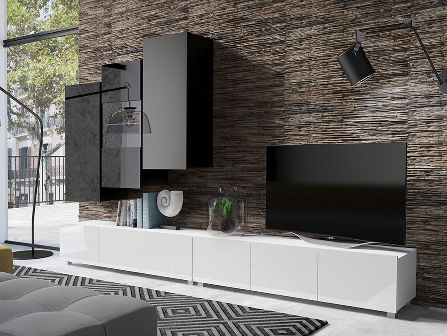 Set za dnevnu sobu Tivdalu 133 (Belo + Sjajno belo + Crno + Crna visoki sjaj)