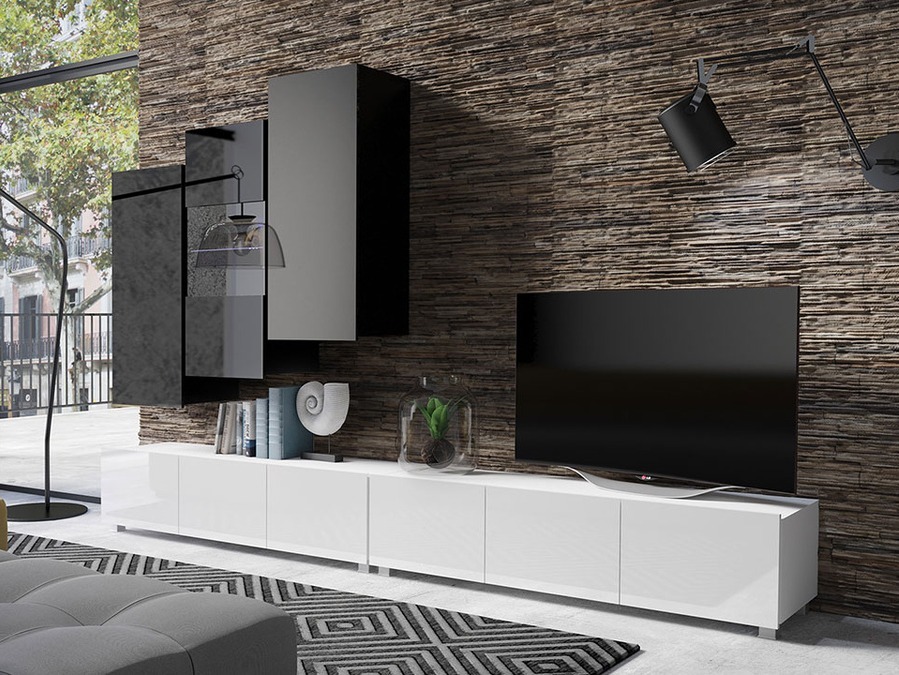 Set za dnevnu sobu Tivdalu 133 (Belo + Sjajno belo + Crno + Sjajno crna)