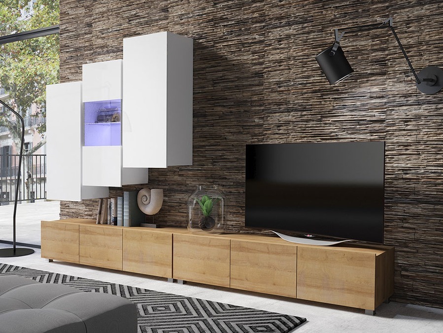 Set za dnevnu sobu Tivdalu 133 (Zlatni hrast + Belo + Sjajno belo)