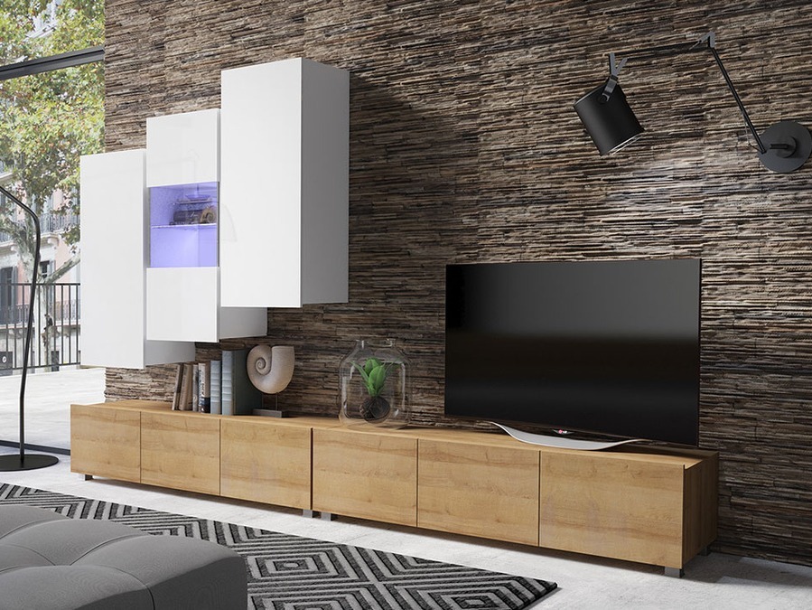 Set za dnevnu sobu Tivdalu 133 (Zlatni hrast + Belo + Sjajno belo)