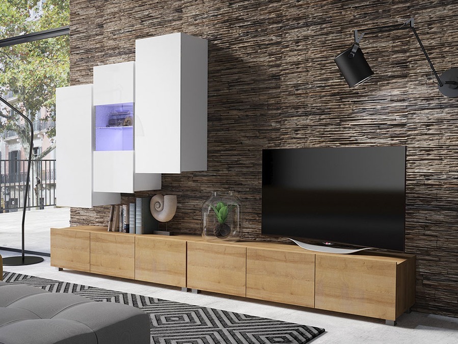 Set za dnevnu sobu Tivdalu 133 (Zlatni hrast + Belo + Sjajno belo)