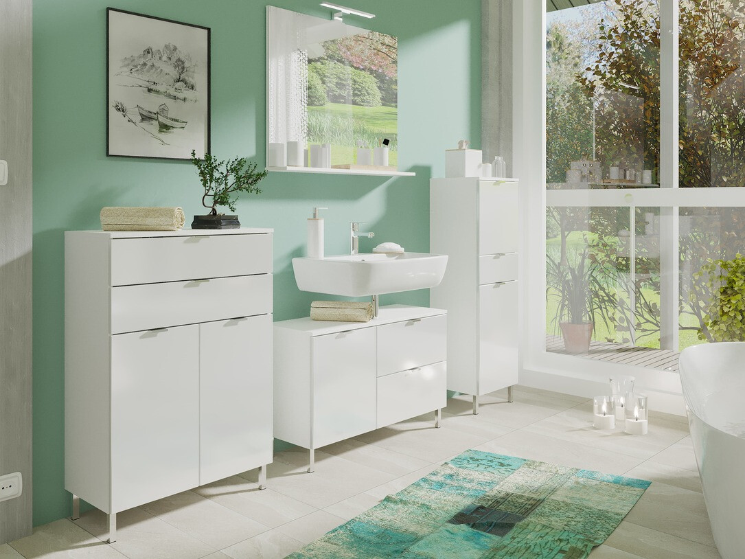 Samostojeći kupatilski ormarić za umivaonik Lomcamo 101 (Belo + Sjajno belo)