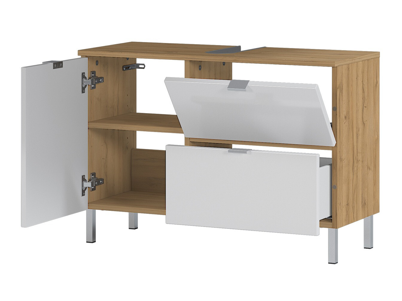 Samostojeći kupatilski ormarić za umivaonik Lomcamo 101 (Sjajno belo + Grandson hrast)