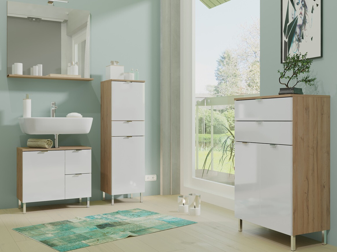 Samostojeći kupatilski ormarić za umivaonik Lomcamo 101 (Sjajno belo + Grandson hrast)