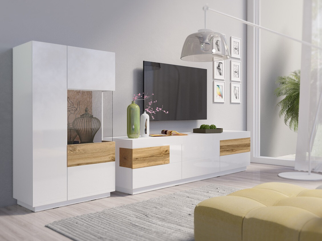 Set za dnevnu sobu Livlore 109 (Belo + Sjajno belo + Hrast Votan)