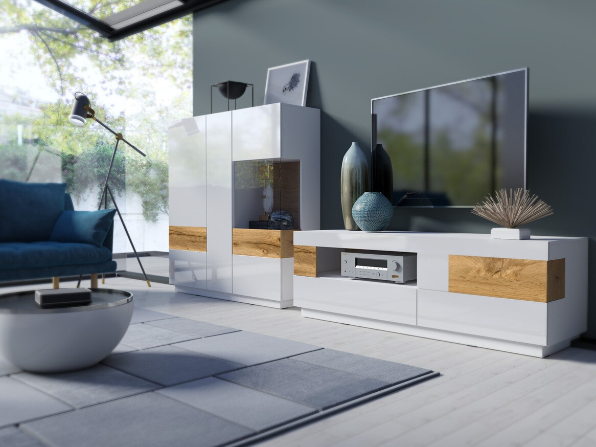 TV komoda Livlore 103 (Belo + Sjajno belo + Hrast Votan)