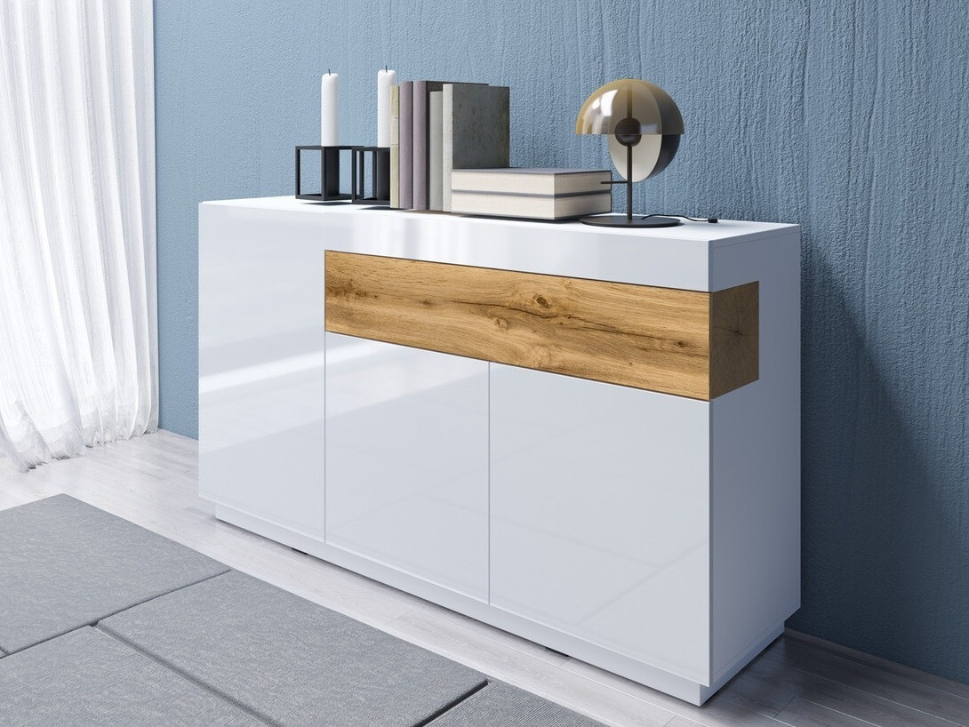 Komoda Livlore 105 (Belo + Sjajno belo + Вотан храст)