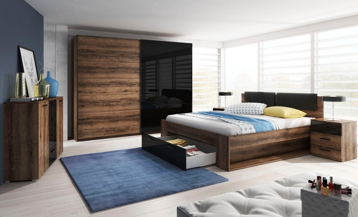 Krevet Levruvu 106 (Manastirski hrast + Sjajno crna)