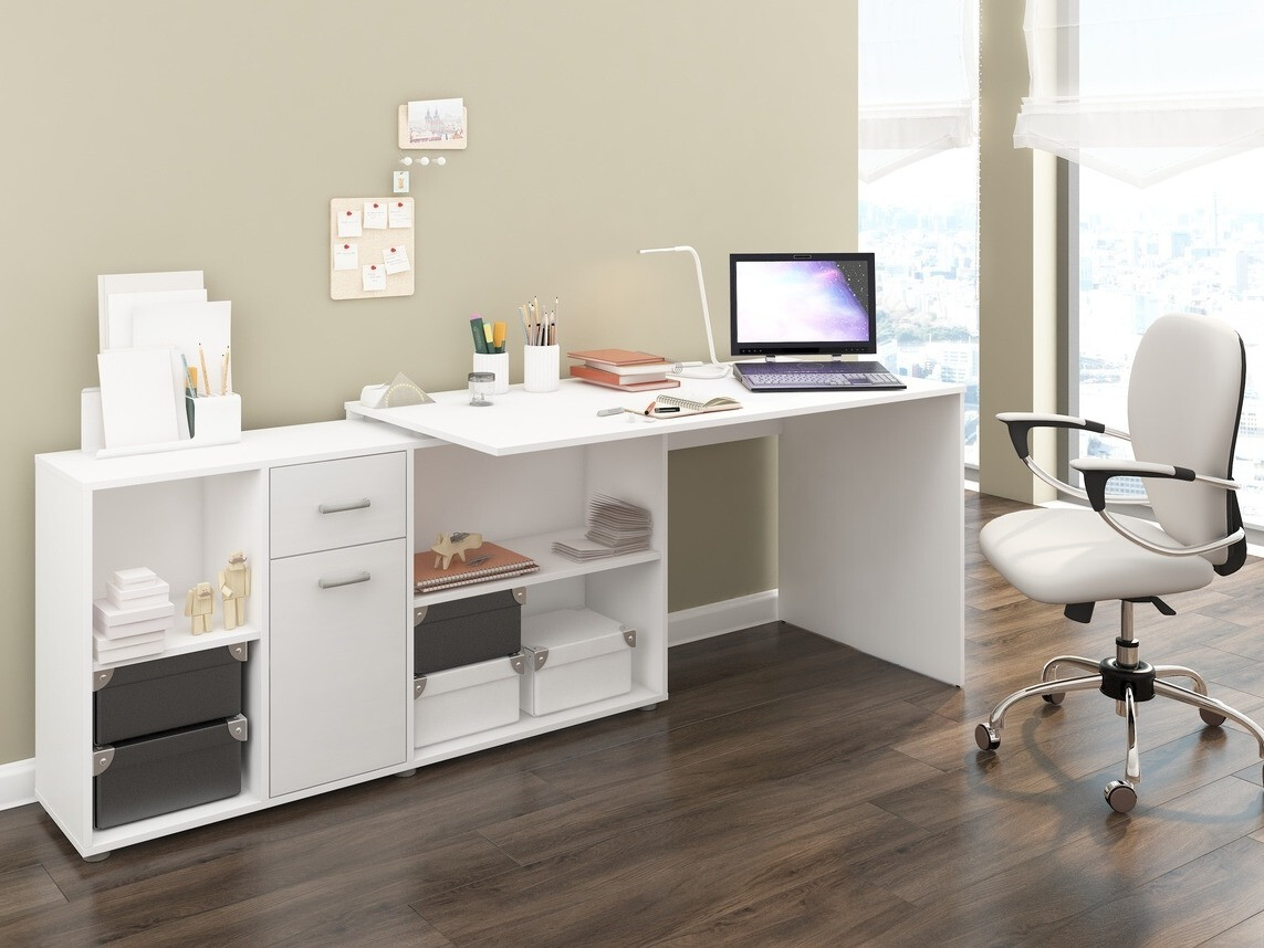 Ugaoni kancelarijski sto Gilroy 113 (Belo + Sjajno belo)