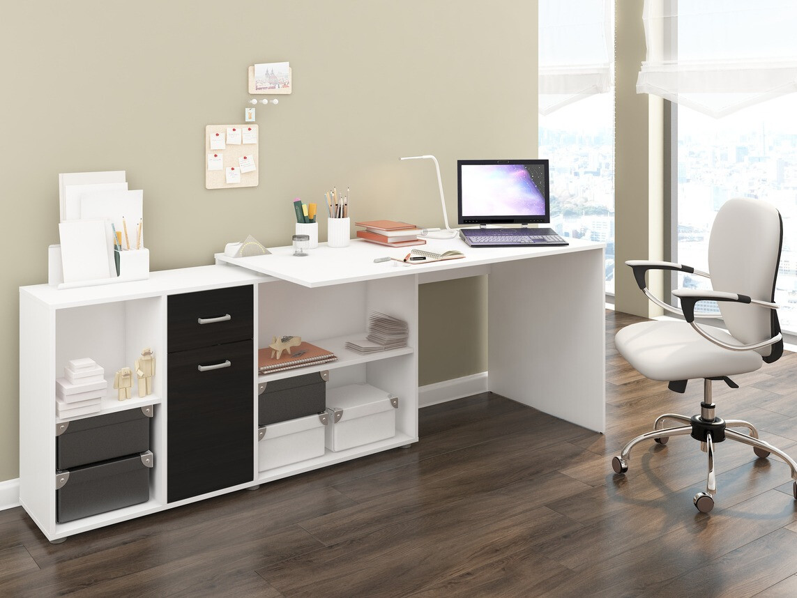 Ugaoni kancelarijski sto Gilroy 113 (Belo + Sjajno crna)
