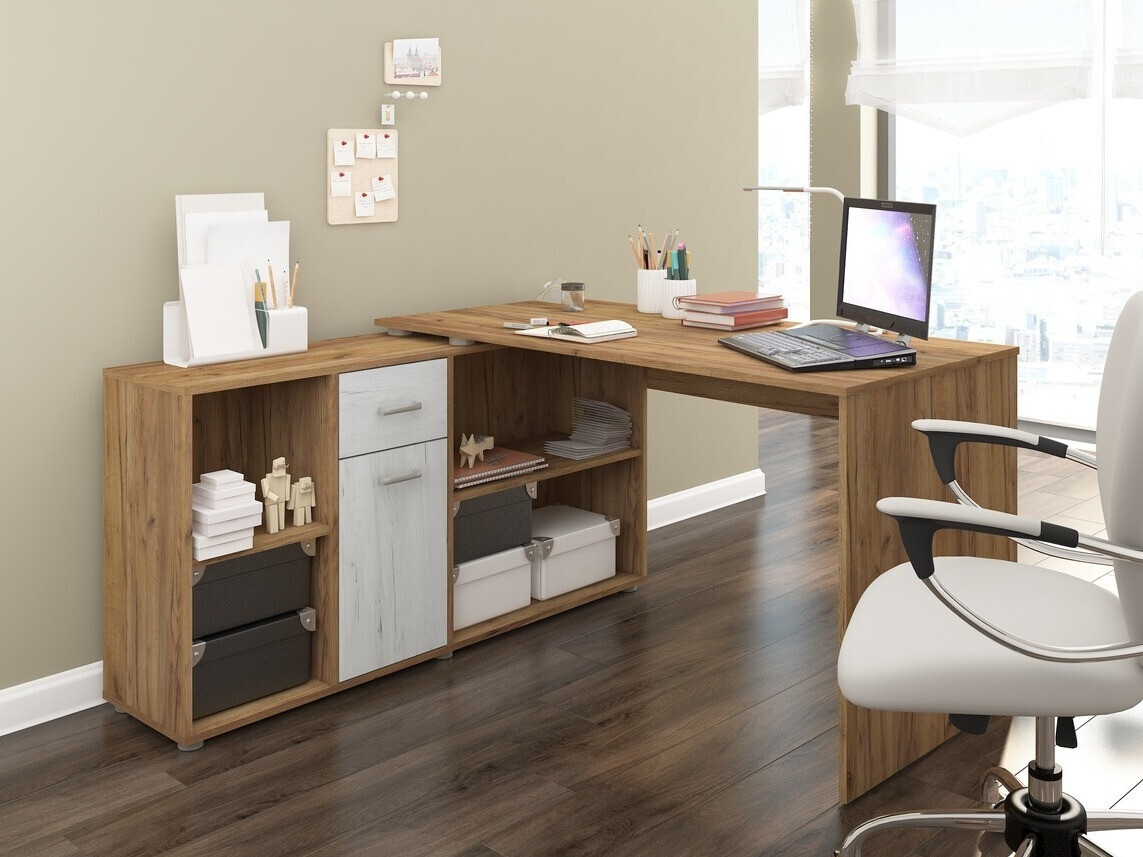 Ugaoni kancelarijski sto Gilroy 113 (Craft hrast + Zanatsko bela)