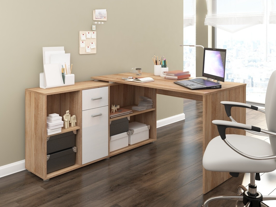 Ugaoni kancelarijski sto Gilroy 113 (Sonoma hrast + Sjajno belo)