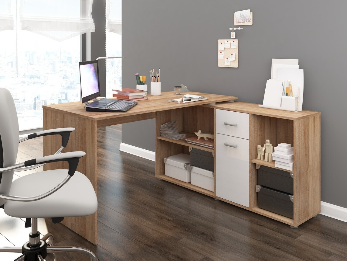 Ugaoni kancelarijski sto Gilroy 113 (Sonoma hrast + Sjajno belo)