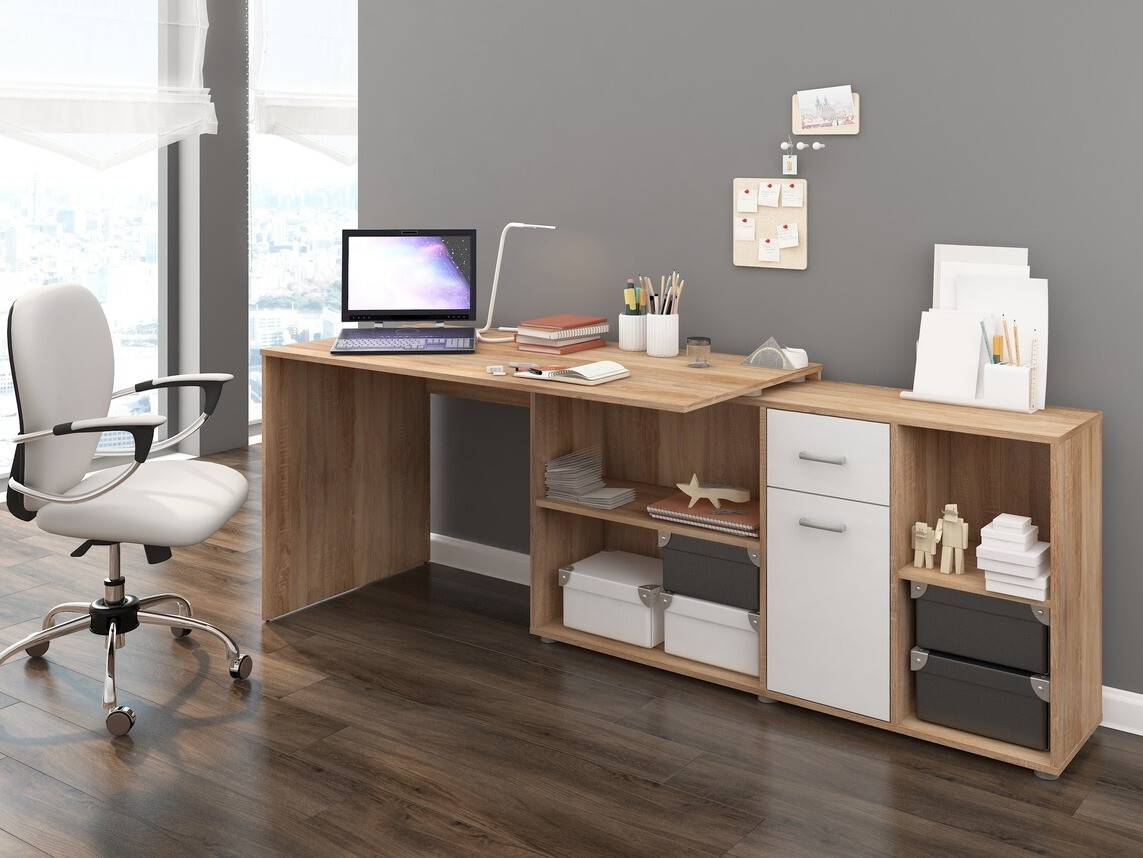 Ugaoni kancelarijski sto Gilroy 113 (Sonoma hrast + Sjajno belo)