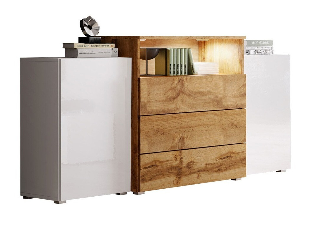 Komoda Sarasota 127 (Belo + Sjajno belo + Вотан храст)