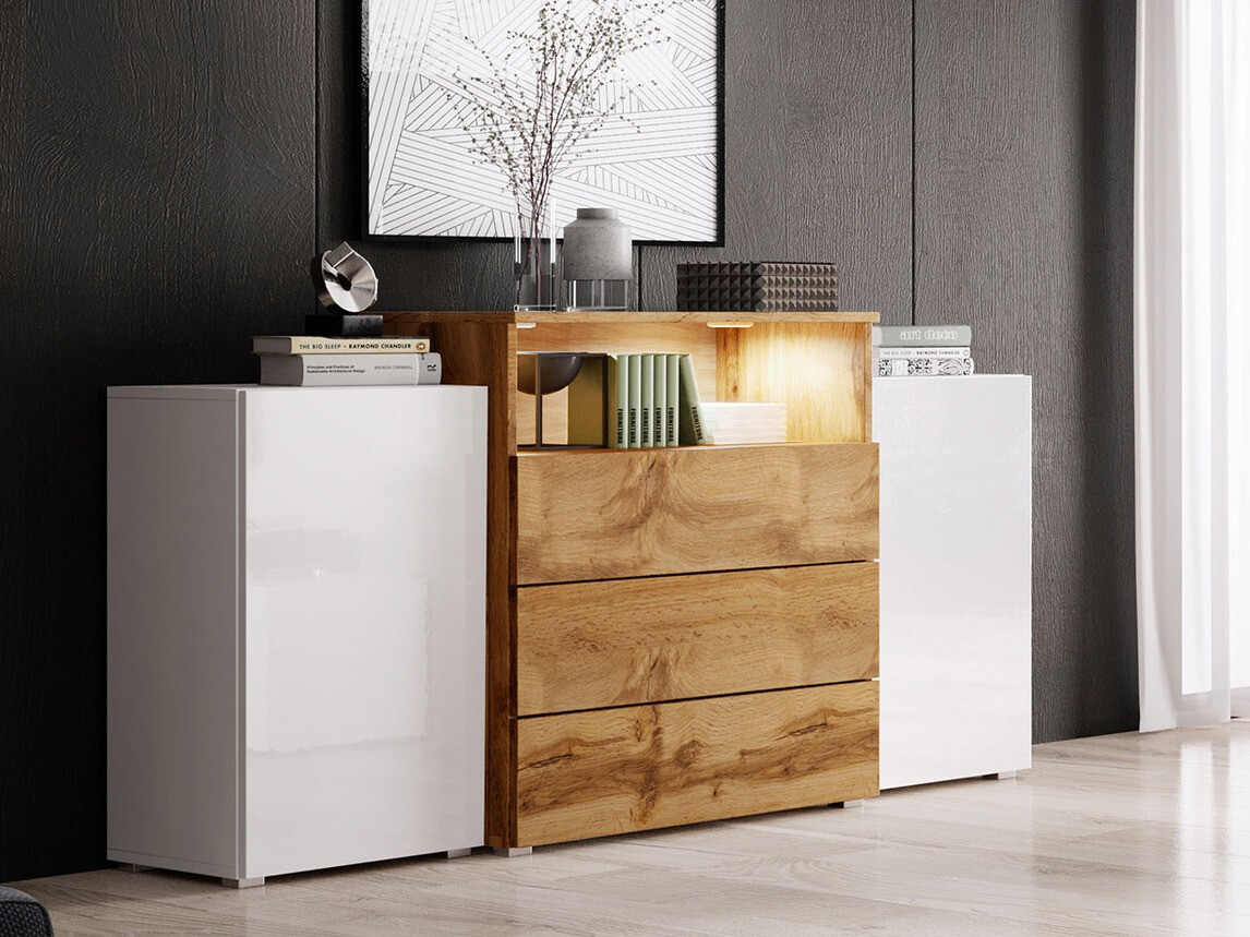 Komoda Sarasota 127 (Belo + Sjajno belo + Вотан храст)
