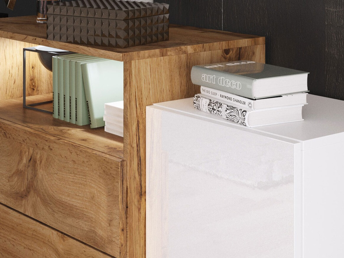 Komoda Sarasota 127 (Belo + Sjajno belo + Вотан храст)