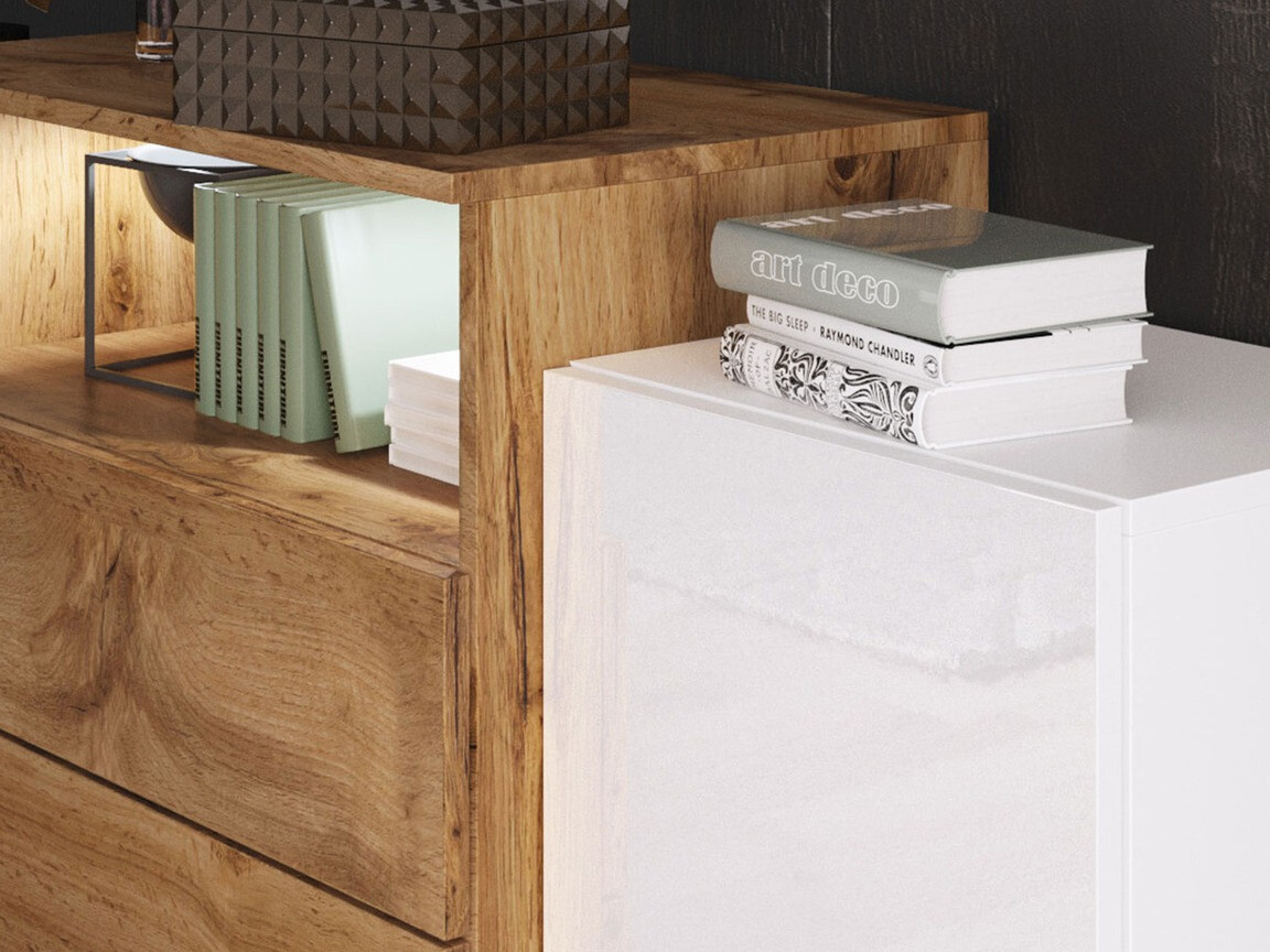 Komoda Sarasota 127 (Belo + Sjajno belo + Вотан храст)