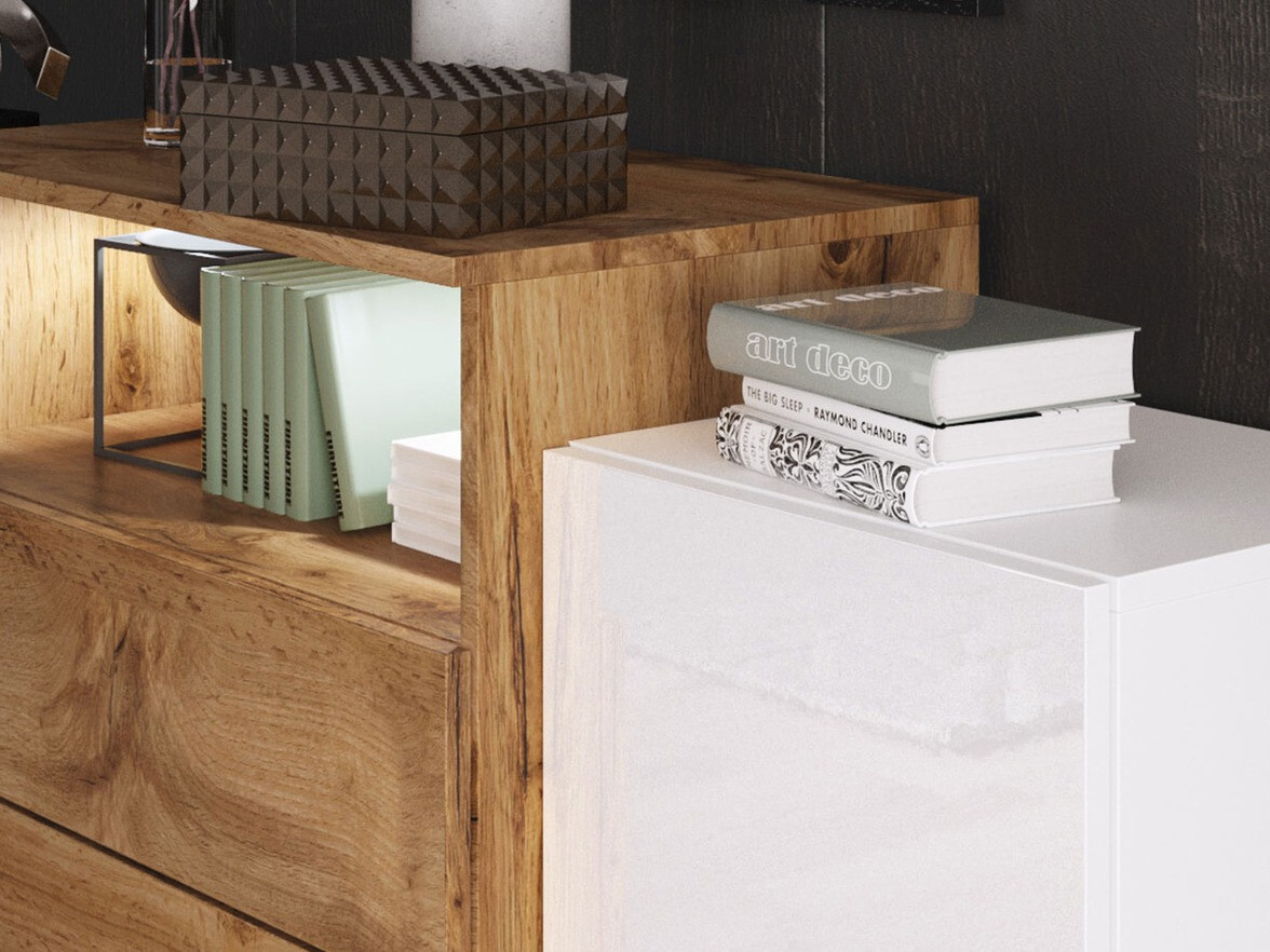 Komoda Sarasota 127 (Вотан храст + Sjajno belo)