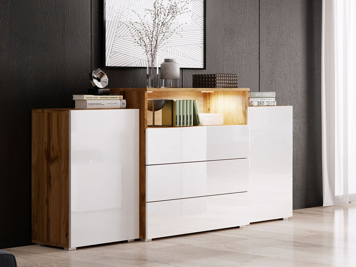 Komoda Sarasota 127 (Вотан храст + Sjajno belo)