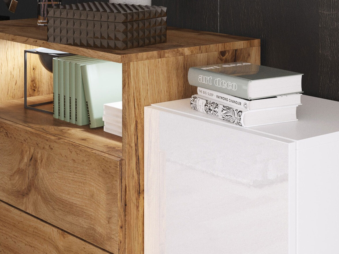 Komoda Sarasota 127 (Вотан храст + Sjajno belo)