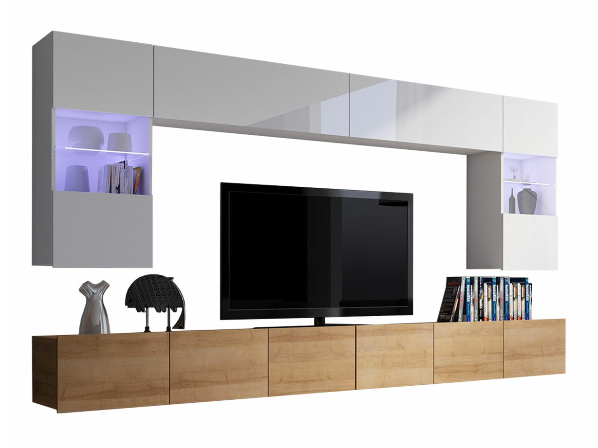 Set za dnevnu sobu Remus I (Zlatni hrast + Belo + Sjajno belo)