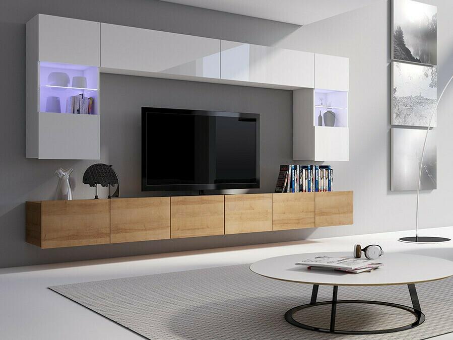 Set za dnevnu sobu Tivdalu 105 (Zlatni hrast + Belo + Sjajno belo)