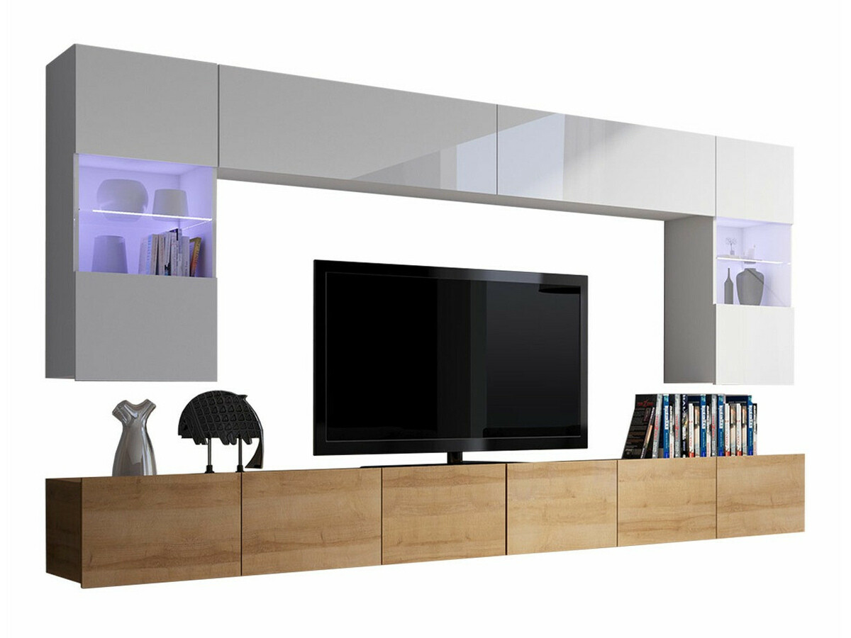 Set za dnevnu sobu Tivdalu 105 (Zlatni hrast + Belo + Sjajno belo)