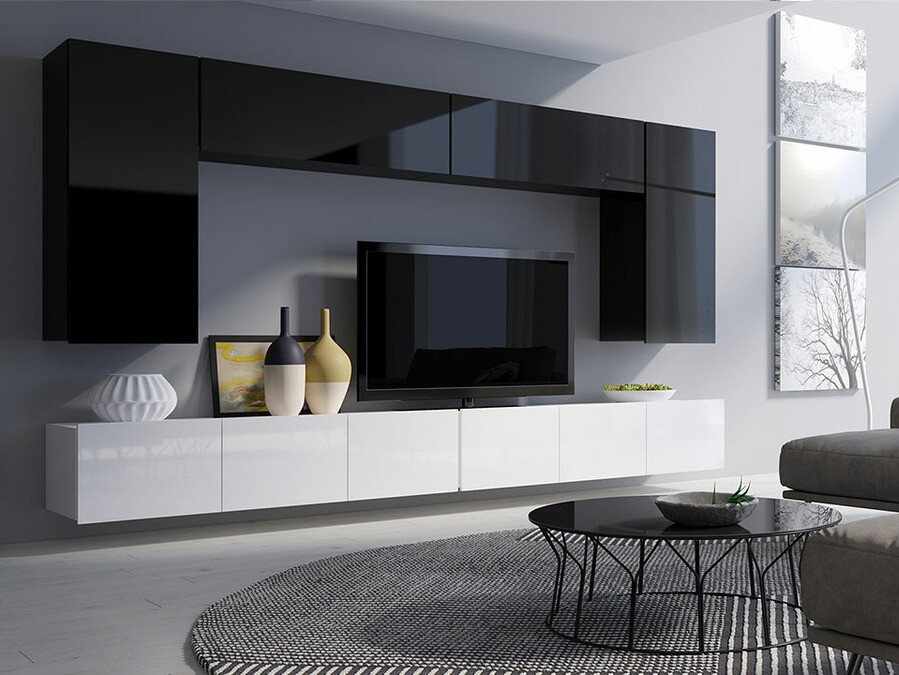 Set za dnevnu sobu Tivdalu 135 (Crno + Crna visoki sjaj + Belo + Sjajno belo)