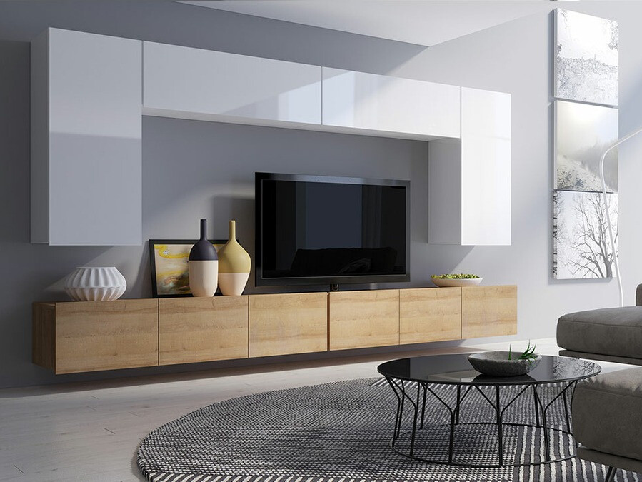 Set za dnevnu sobu Tivdalu 135 (Zlatni hrast + Belo + Sjajno belo)