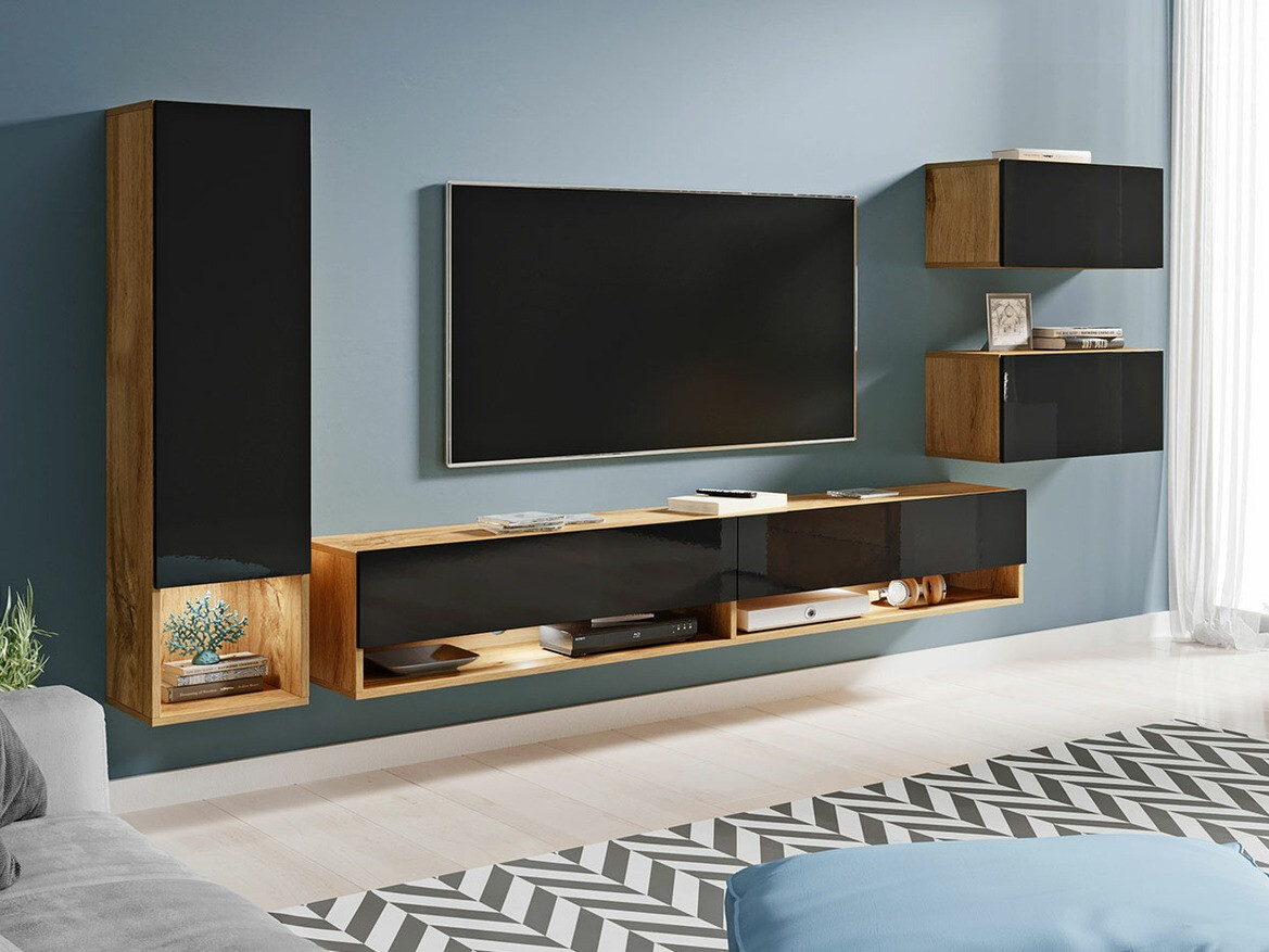 Set za dnevnu sobu Sarasota 124 (Вотан храст + Crna visoki sjaj)