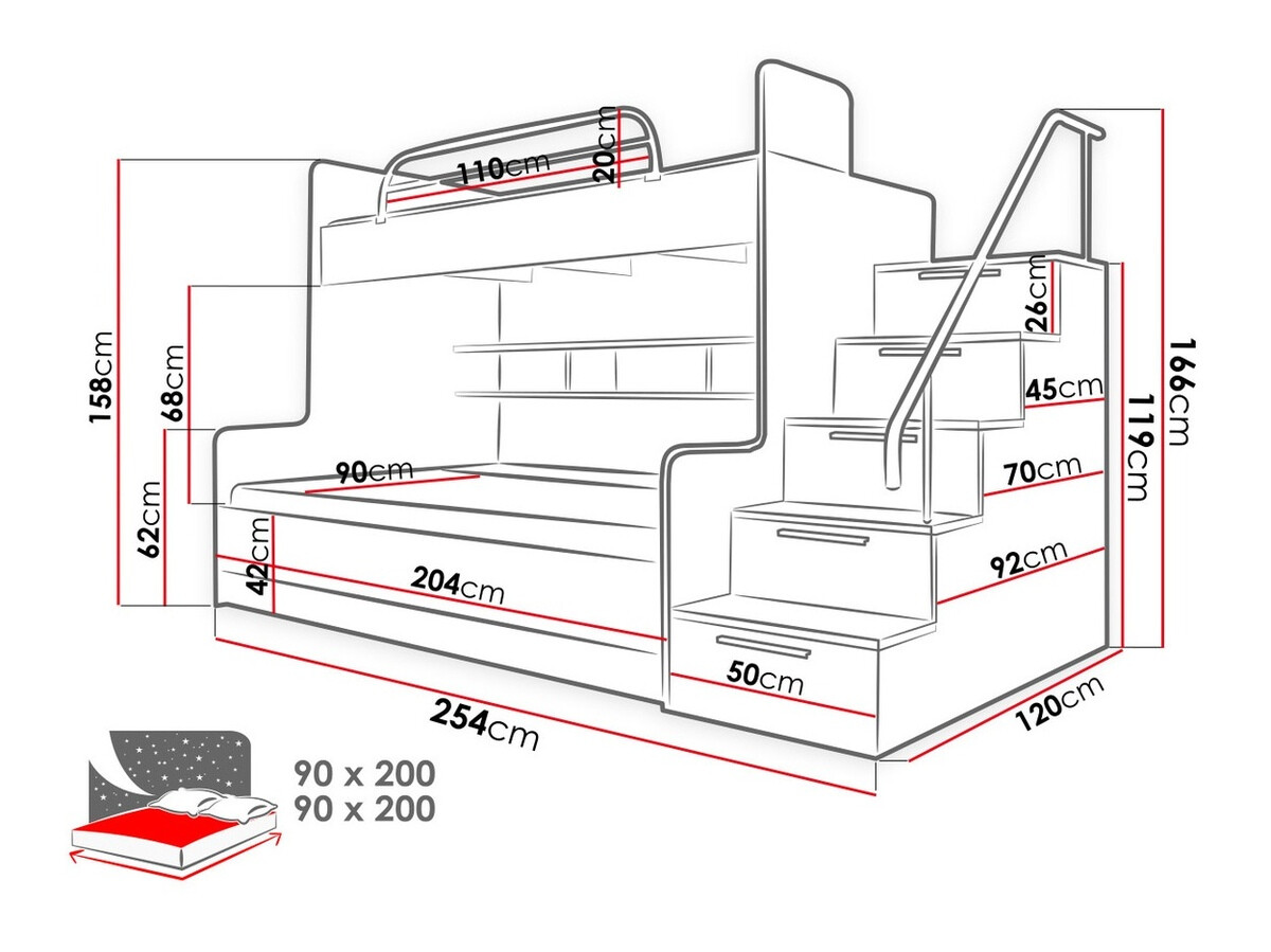Krevet na sprat Campus (Belo + Sjajno belo + Sjajna siva)