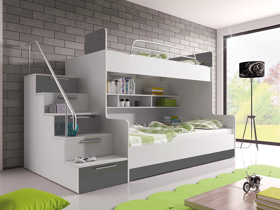 Krevet na sprat Salmere 111 (Belo + Sjajno belo + Sjajna siva)