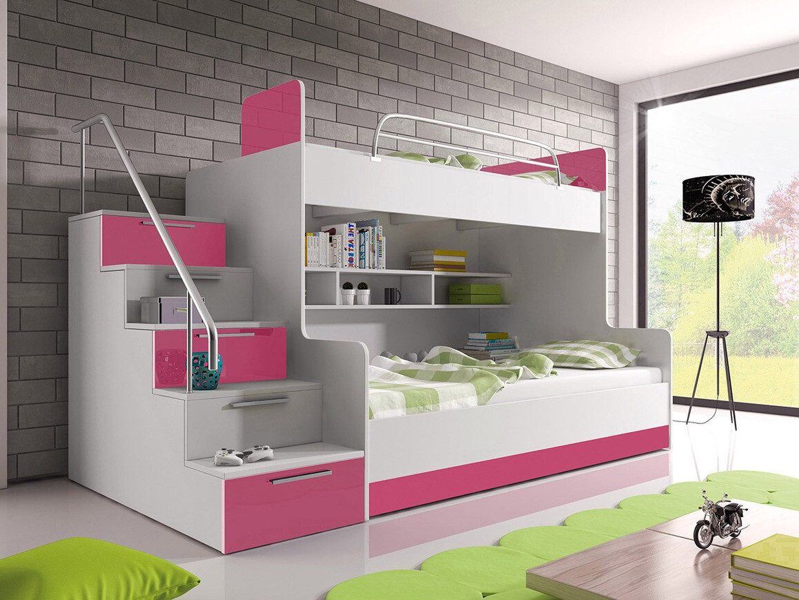 Krevet na sprat Salmere 111 (Belo + Sjajno belo + Sjajno roze)