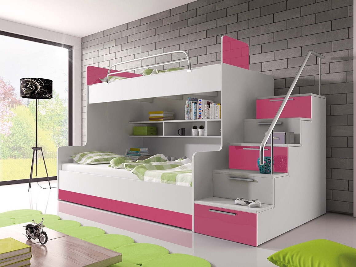 Krevet na sprat Salmere 111 (Belo + Sjajno belo + Sjajno roze)