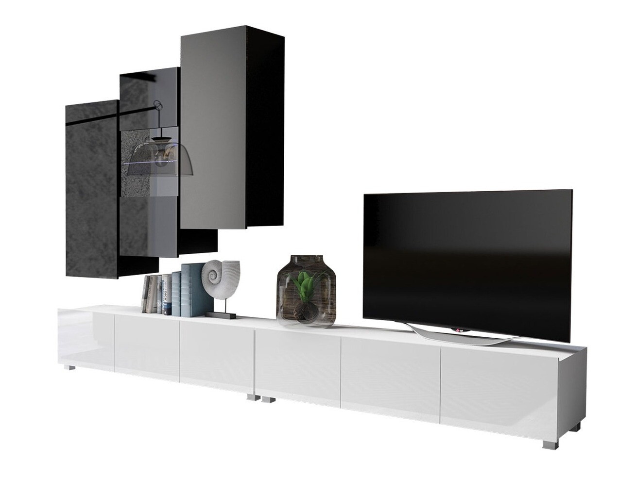 Set za dnevnu sobu Remus XVII (Belo + Sjajno belo + Crno + Sjajno crna)