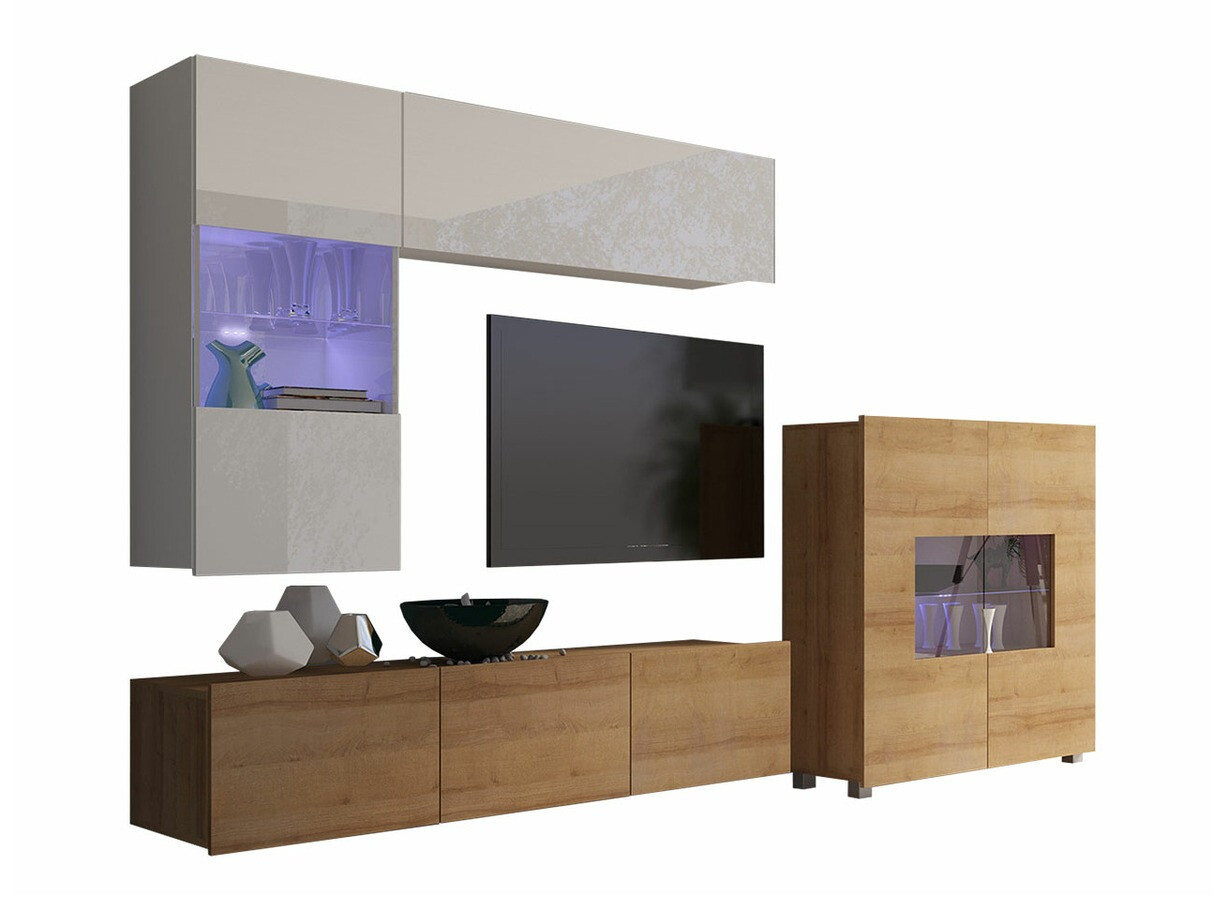 Set za dnevnu sobu Remus III (Zlatni hrast + Belo + Sjajno belo)