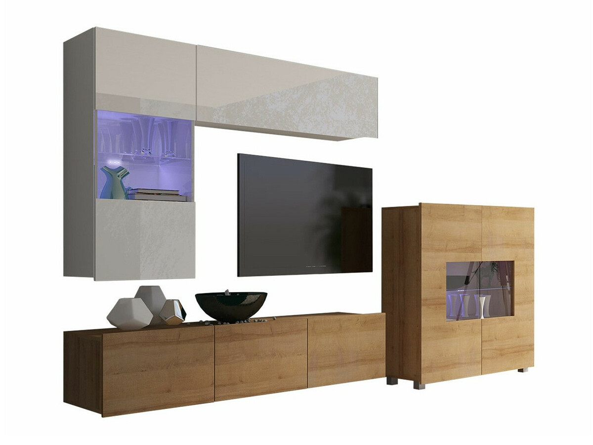 Set za dnevnu sobu Remus III (Zlatni hrast + Belo + Sjajno belo)