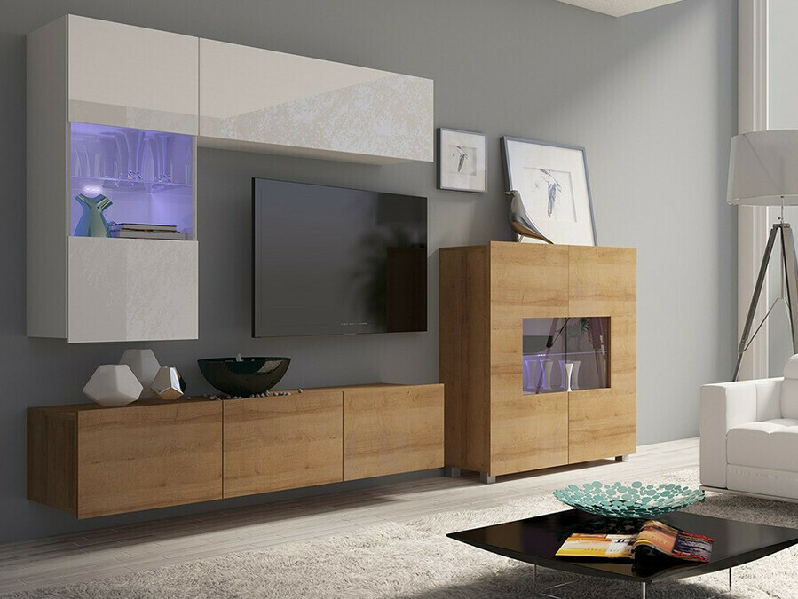 Set za dnevnu sobu Tivdalu 107 (Zlatni hrast + Belo + Sjajno belo)