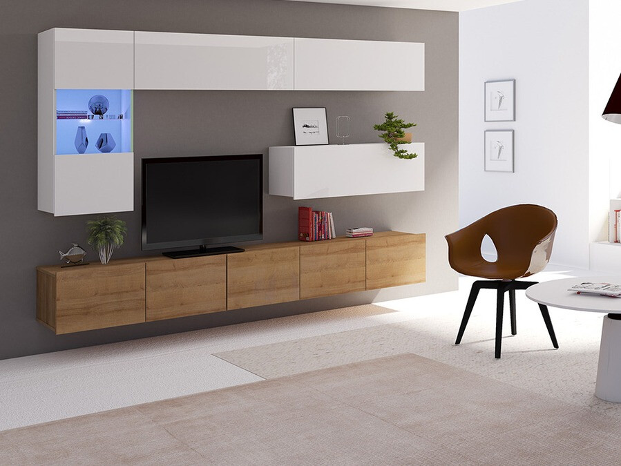 Set za dnevnu sobu Tivdalu 108 (Zlatni hrast + Belo + Sjajno belo)