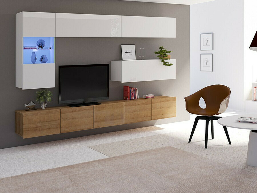 Set za dnevnu sobu Tivdalu 108 (Zlatni hrast + Belo + Sjajno belo)