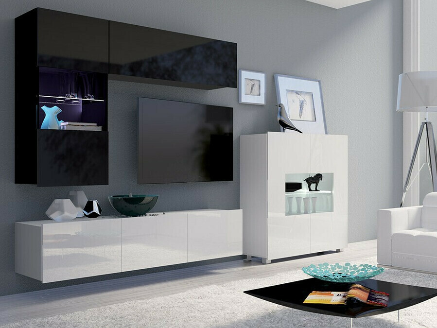 Set za dnevnu sobu Tivdalu 107 (Crno + Crna visoki sjaj + Belo + Sjajno belo)