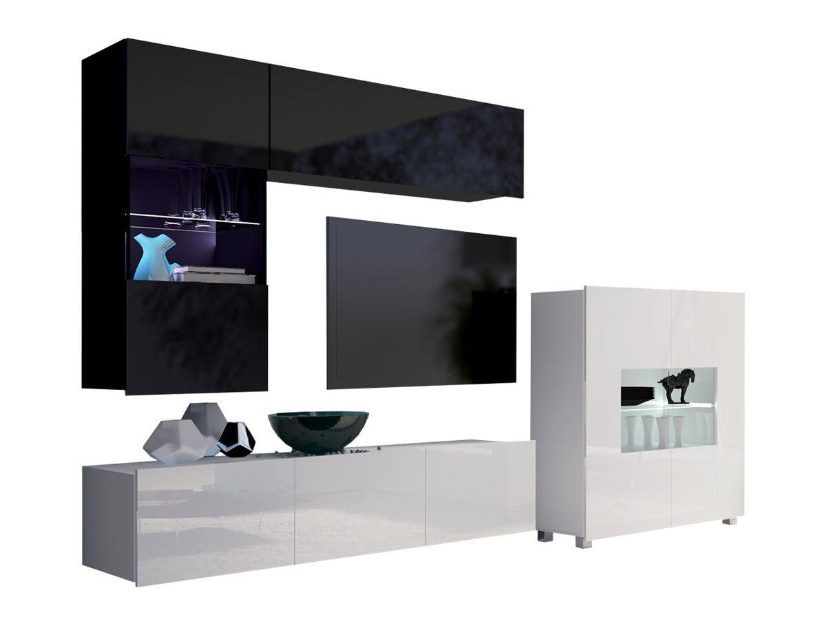 Set za dnevnu sobu Tivdalu 107 (Crno + Sjajno crna + Belo + Sjajno belo)