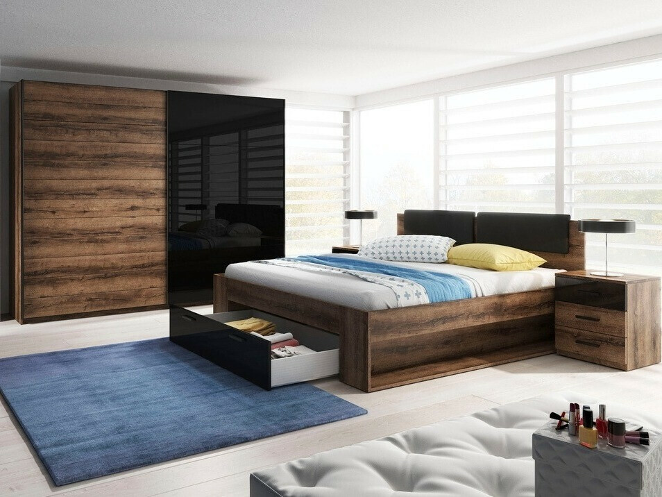 Krevet Levruvu 106 (Manastirski hrast + Crna visoki sjaj)