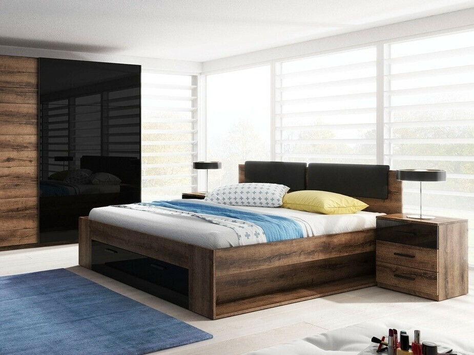 Krevet Levruvu 106 (Manastirski hrast + Sjajno crna)