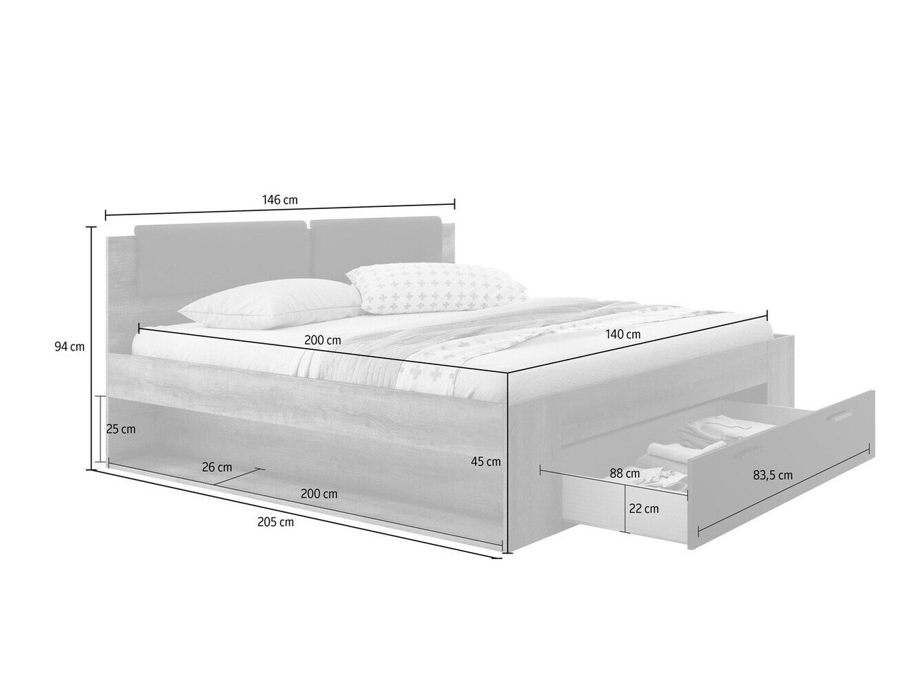 Krevet Levruvu 106 (Manastirski hrast + Sjajno crna)